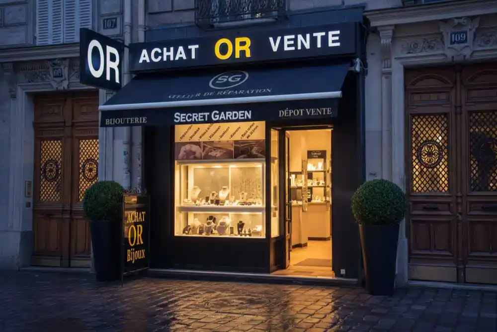Devanture de la boutique Secret Garden 109 spécialisée en rachat d'or à Paris Gare du Nord