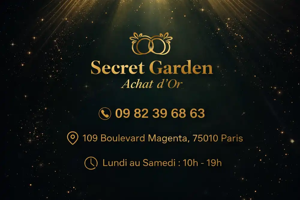 Informations de contact Secret Garden : 09 82 39 68 63, 109 Boulevard Magenta 75010 Paris. Ouvert du lundi au samedi de 10h à 19h. Logo officiel Secret Garden Achat d'Or.